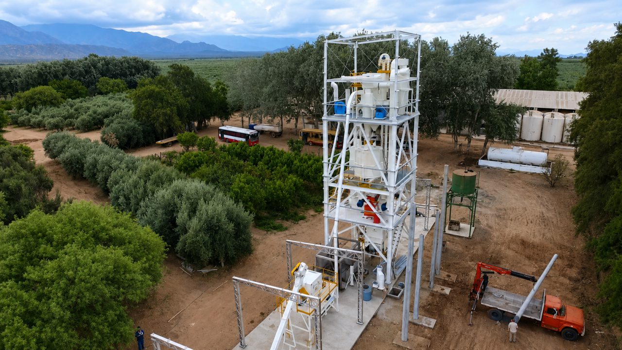 Planta compacta de peletizado de biomasa instalada a campo, entre plantaciones