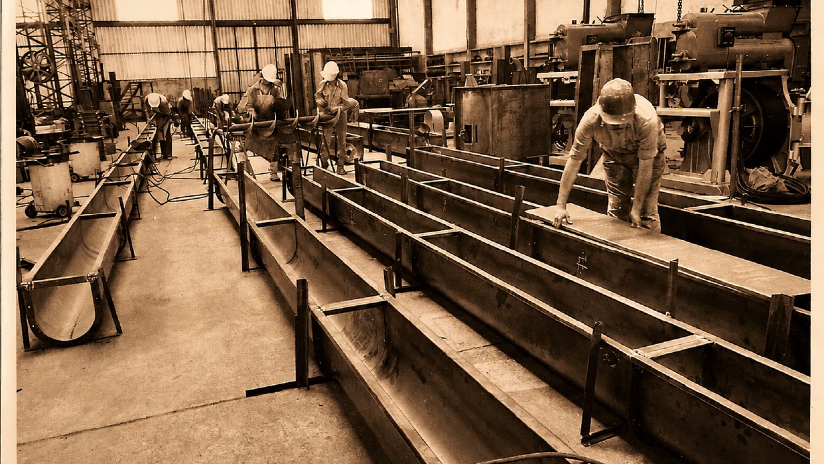 Interior de la nave de fabricación con vigas y perfiles alineados en el piso