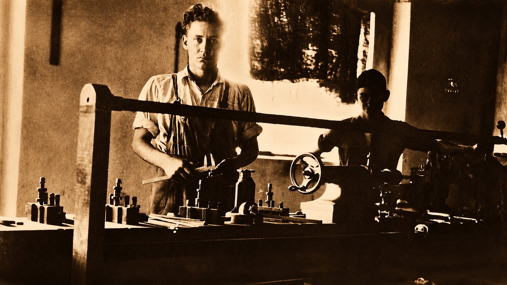 Dos operarios trabajando en un torno en el taller de Giuliani Hermanos