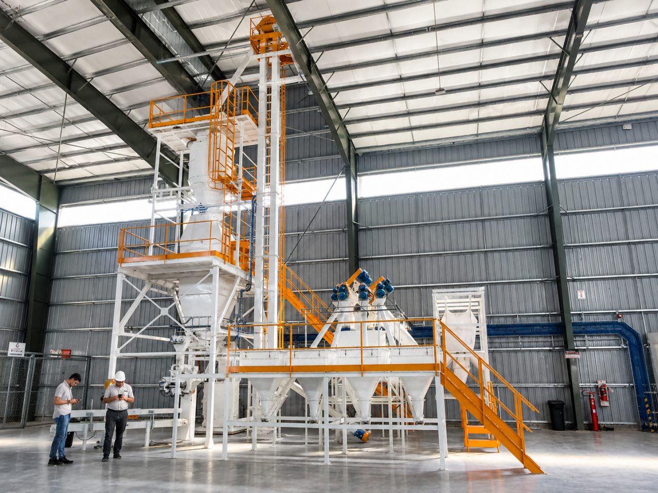 Planta de elaboración de premezclas minerales, con plataformas de operación y equipos de dosificación de precisión
