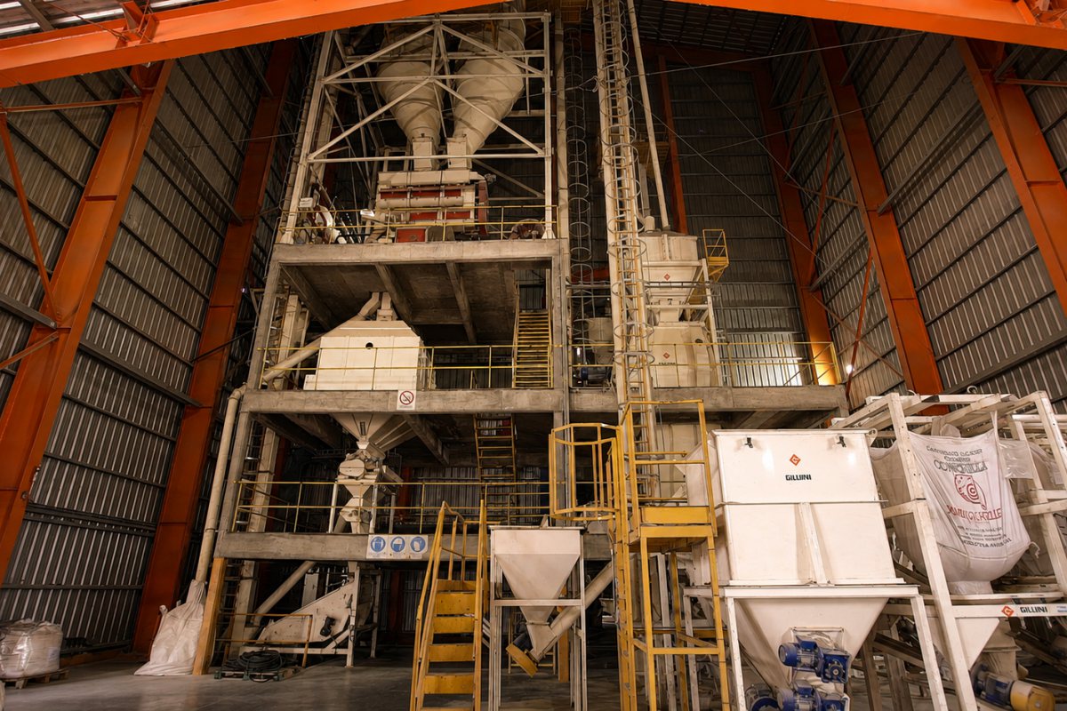 Interior de la planta de Olaclara, con tolvas Giuliani, pasarelas y transportes