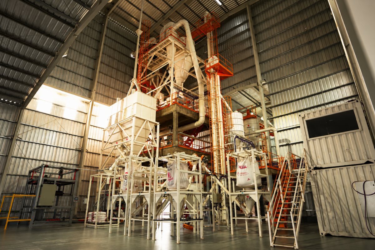 Interior de la planta de alimento balanceado de Cooperativa Rauch Nutra, con torre de proceso y pasarelas