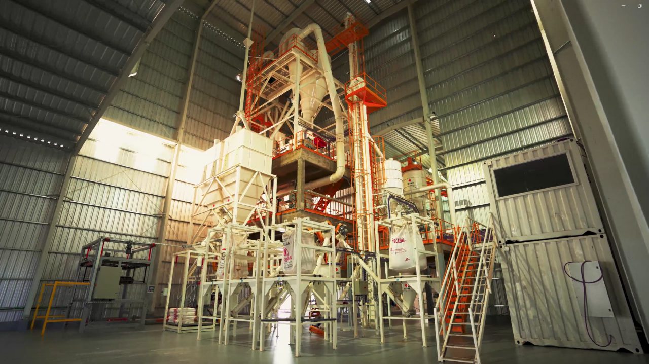 Torre de proceso de una planta de alimento para vacunos, con molienda, mezclado y transporte vertical