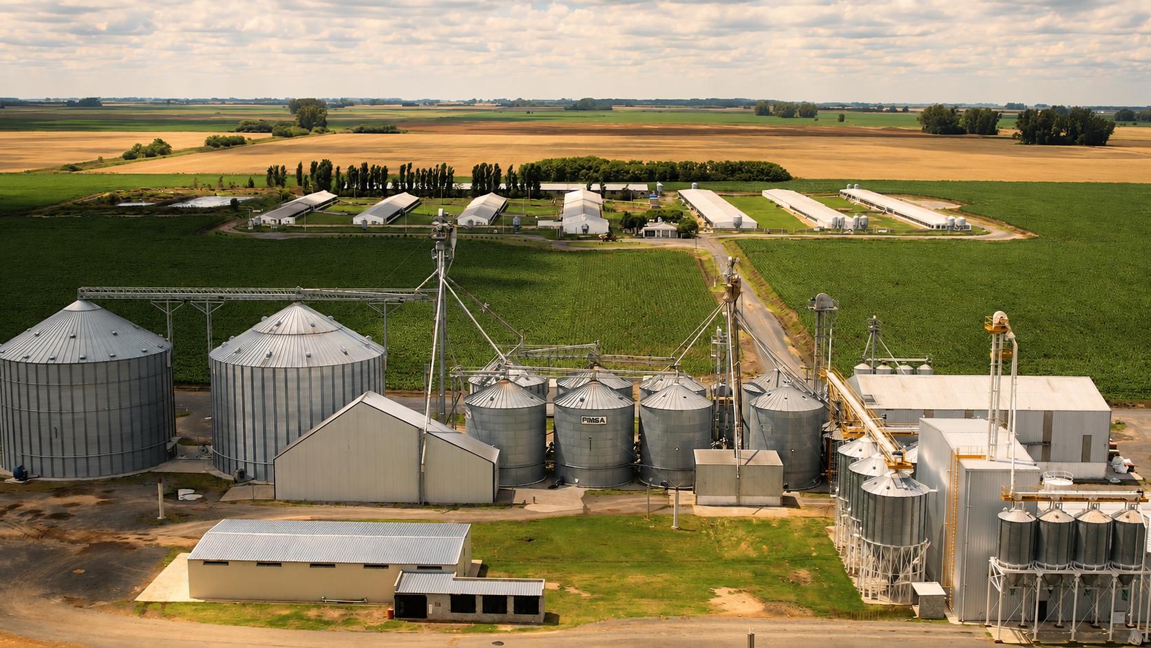 Aerial view of a feed mill built by Giuliani Hermanos, with storage silos and buildings in open country
