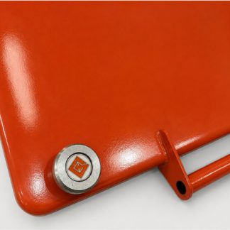 Close-up of the latch on the orange cover of a Giuliani mixer