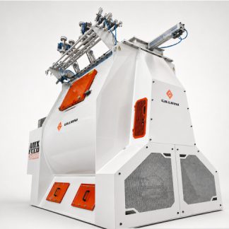 Giuliani paddle mixer in three-quarter view, with the liquid manifold mounted on top