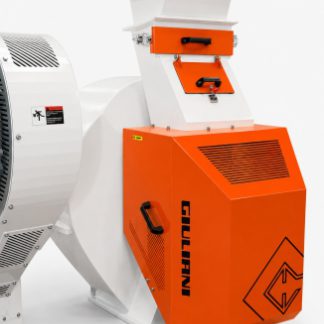 Giuliani pellet mill seen from the front, with the conditioner above and the orange front panel