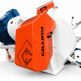 Giuliani pellet mill in three-quarter view, with the orange front panel and the motors behind