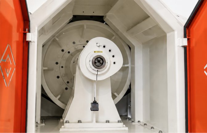 Inside the chamber of a Giuliani pellet mill, with the rollers and main shaft exposed