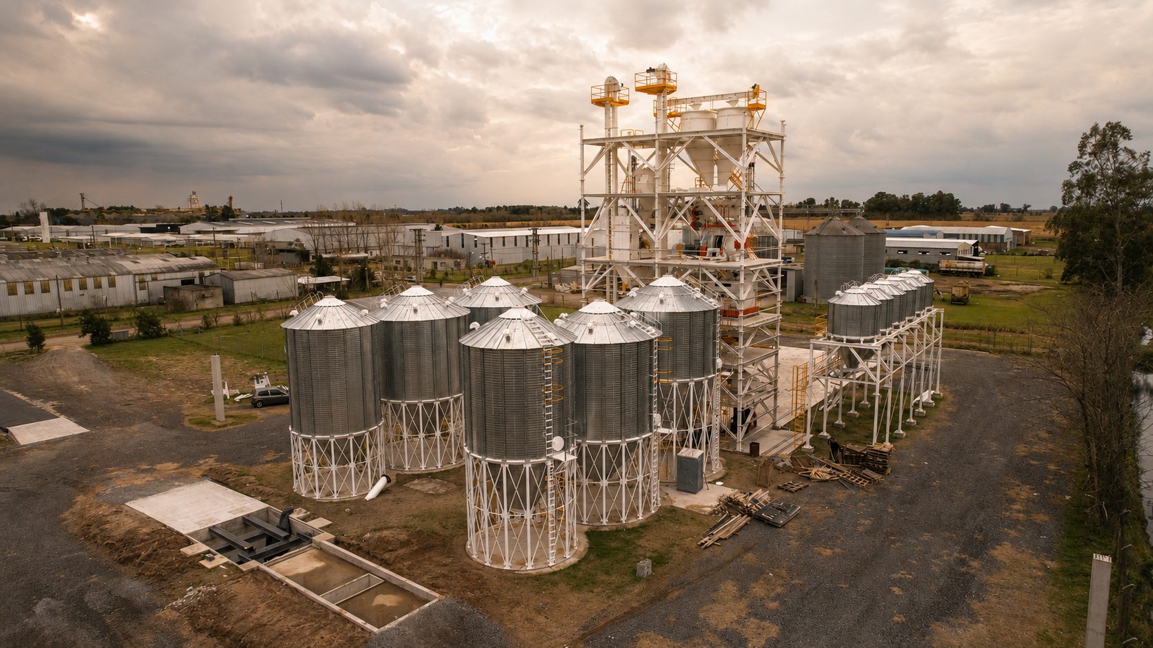 Vista aérea de uma fábrica de ração: bateria de silos de armazenagem galvanizados, torre de processo e galpões