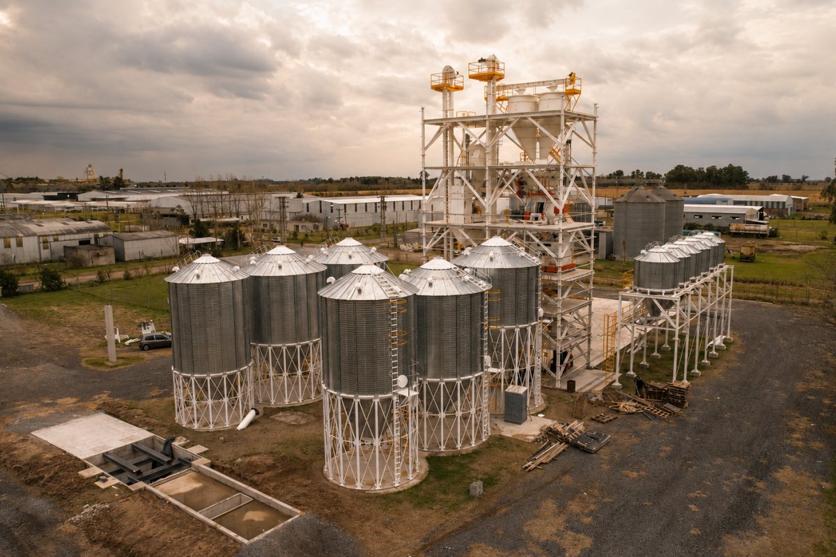 Vista aérea da fábrica da Premixar, com bateria de silos e torre de processo